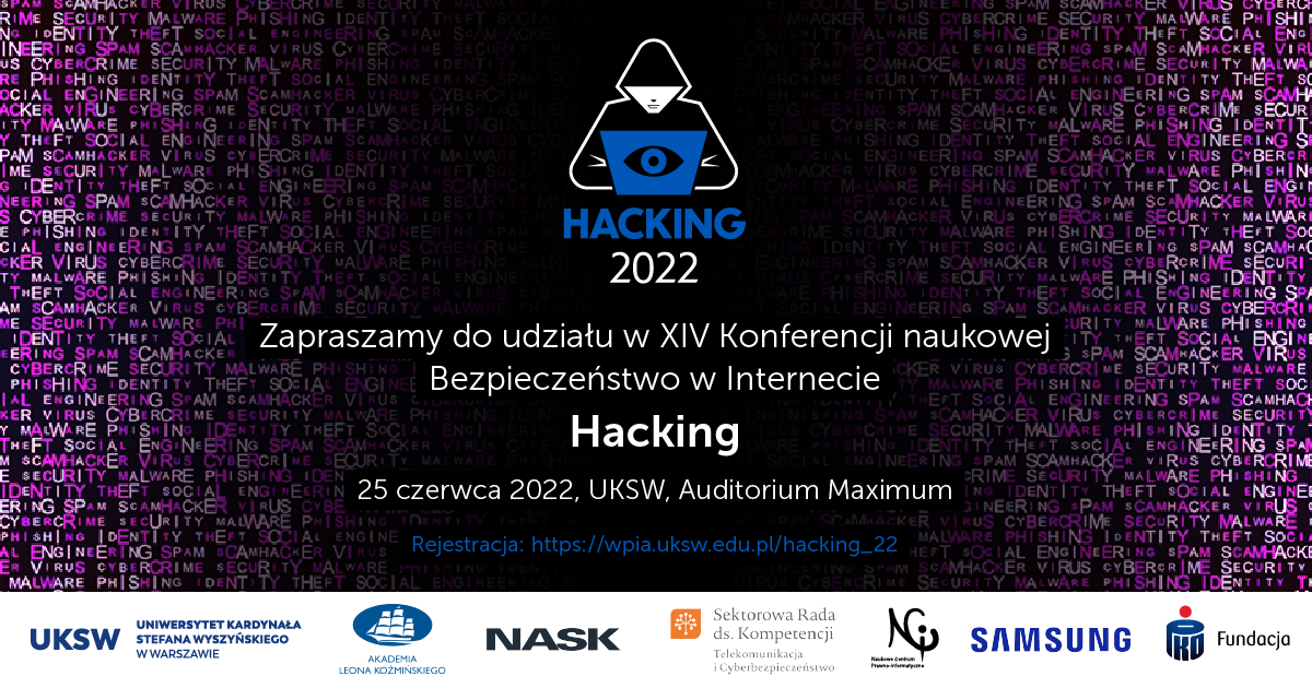 Logo konferencji Bezpieczeństwo w Internecie obejmujące rysunek hakera siedzącego przed komputerem.