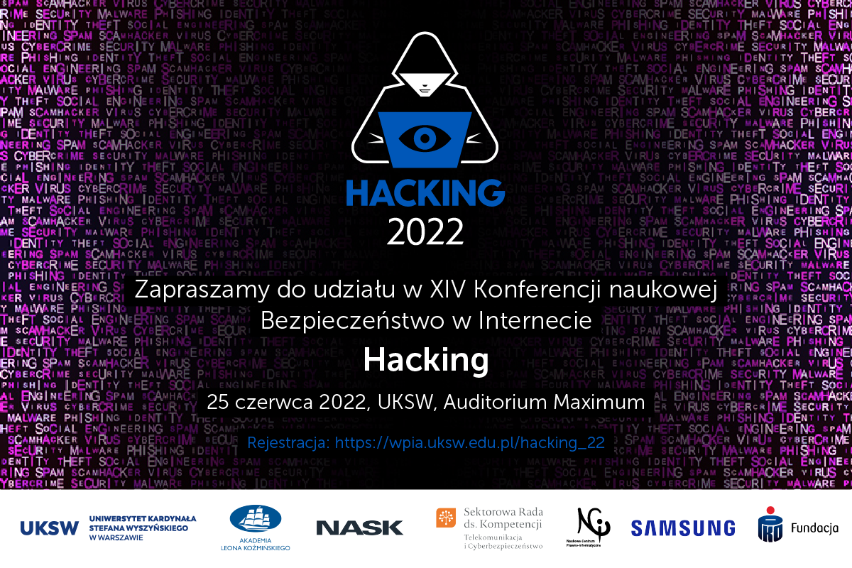 Baner XIV Konferencji Bezpieczeństwo w Internecie zawiera symboliczny wizerunek hakera podczas realizacji nielegalnych czynności.