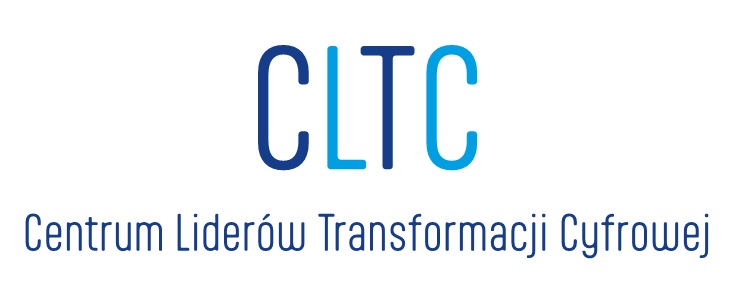 Logo Centrum Liderów Transformacji Cyfrowej obejmuje skrót CLTC obejmujący te litery w kolorze niebieskim.